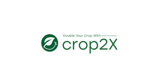 The image features a green logo. On the left is a circular icon with a stylized leaf and an "X." To the right, the text reads "Double Your Crop With crop2X" in green, with "crop2X" in larger, bold letters. The background is white.